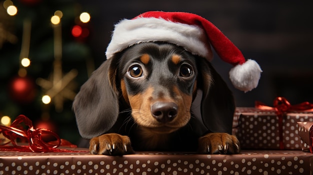 A Cute Dachshund in a Santa Hat Peeks Out of a Gift