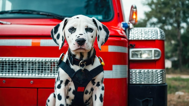 A cute Dalmatian puppy wearing a firefighters vest sitting in a vintage red firetruck