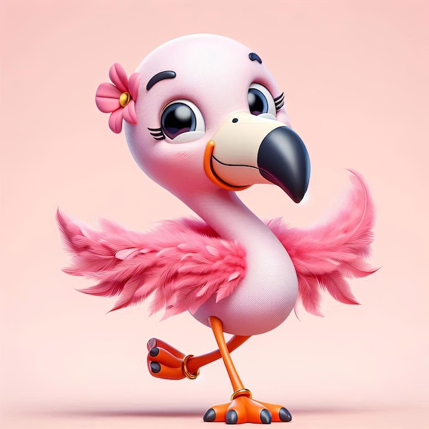 Photo cute dancing flamingo with a feather boa mascot character 3d