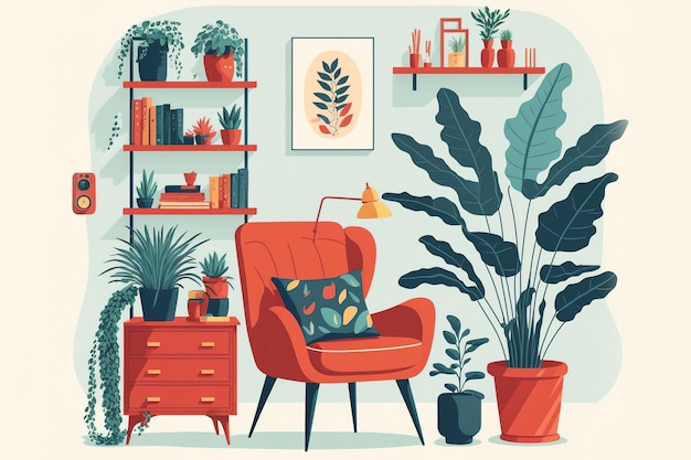 Cute decor including a chair Cute interior with plants and contemporary furnishings Interior of a living room Illustration in flat style in trendy hygge residence in Scandinavia Collection