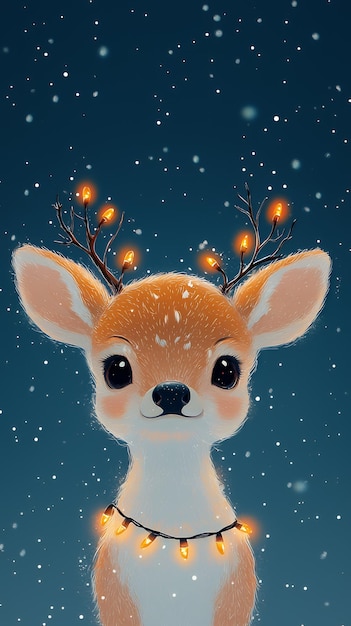 Cute Deer with Christmas Lights in the Snow