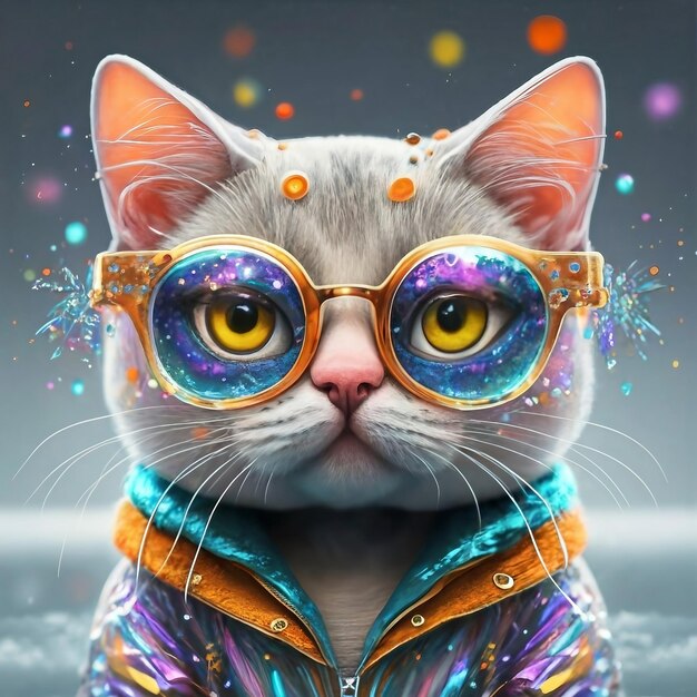 A cute delicate colorful cat looking at camera and wearing a hoodie and glasses with background