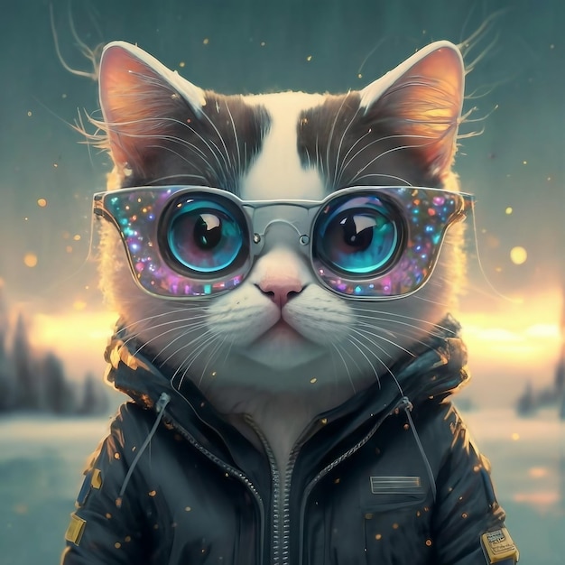 A cute delicate colorful cat looking at camera and wearing a hoodie and glasses with background