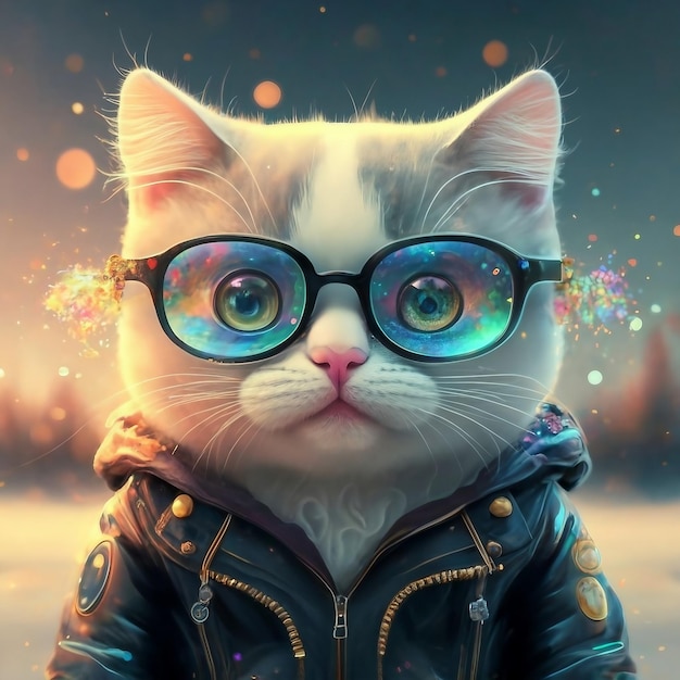 A cute delicate colorful cat looking at camera and wearing a hoodie and glasses with background