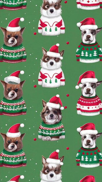 Photo cute different animal pets in christmas hats and ugly sweaters watercolor style