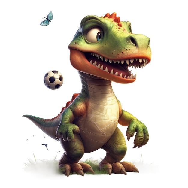 Cute Dino play soccer Transparent isolated background AI