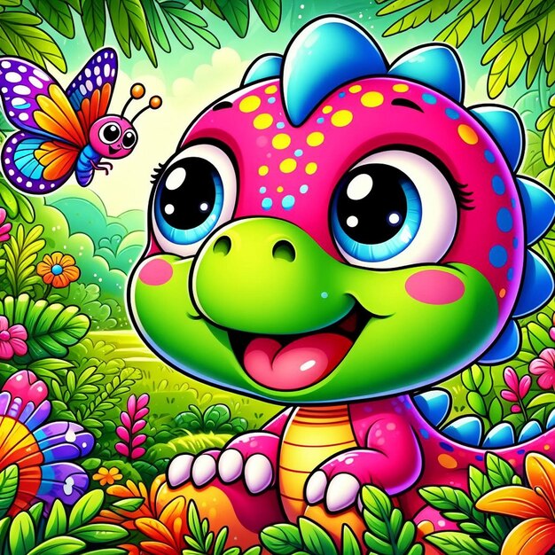 Cute Dino play with butterfly illustration