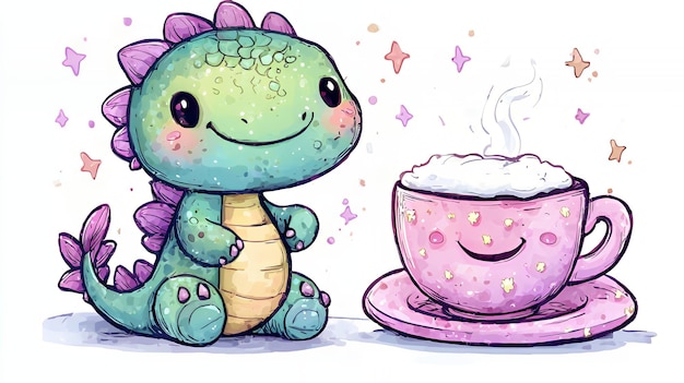 Photo cute dinosaur enjoying tea time