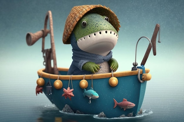 Cute dinosaur fisherman in boat Generative AI illustration