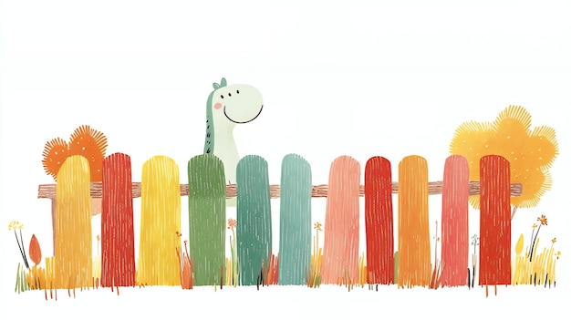 Cute Dinosaur Peeking Over Colorful Wooden Fence