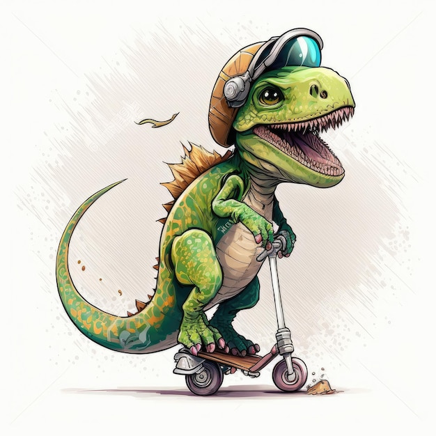 Cute dinosaurs ridding skateboard or scooter isolated white background