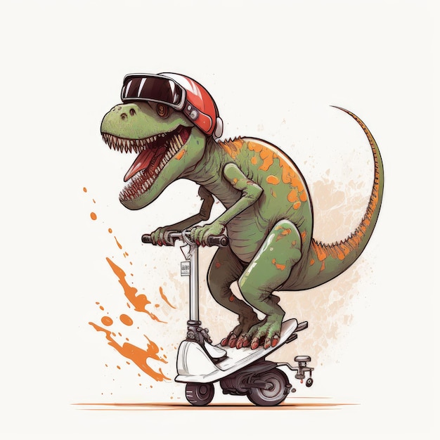 Cute dinosaurs ridding skateboard or scooter isolated white background