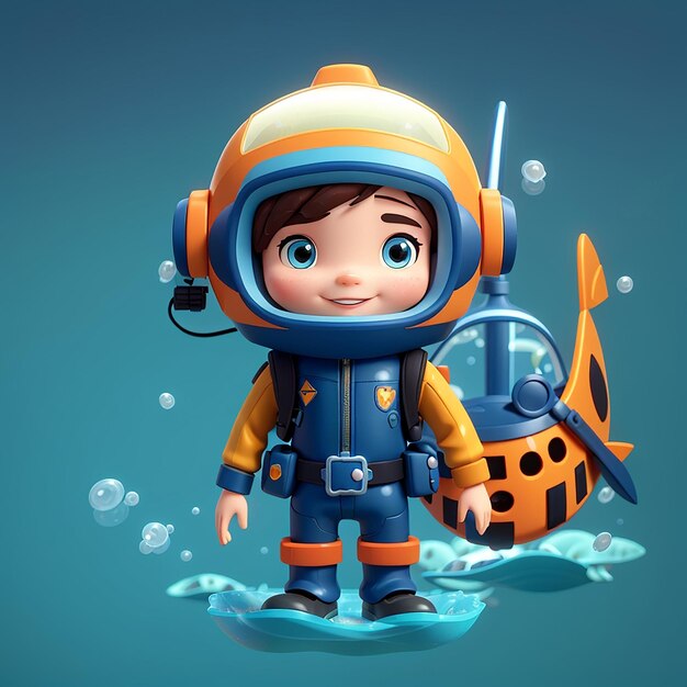 Cute Diver Holding Submarine Toy Cartoon Vector Icon Illustration Science Transportation Icon Concept Isolated Premium Vector Flat Cartoon Style