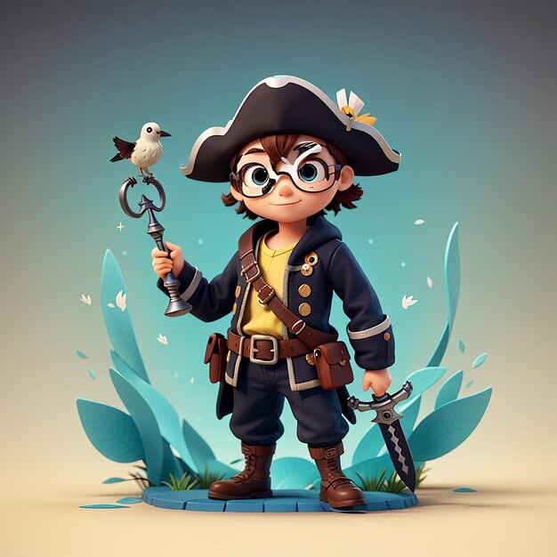 Photo cute diver pirate holding sword with bird cartoon vector icon illustration science animal isolated