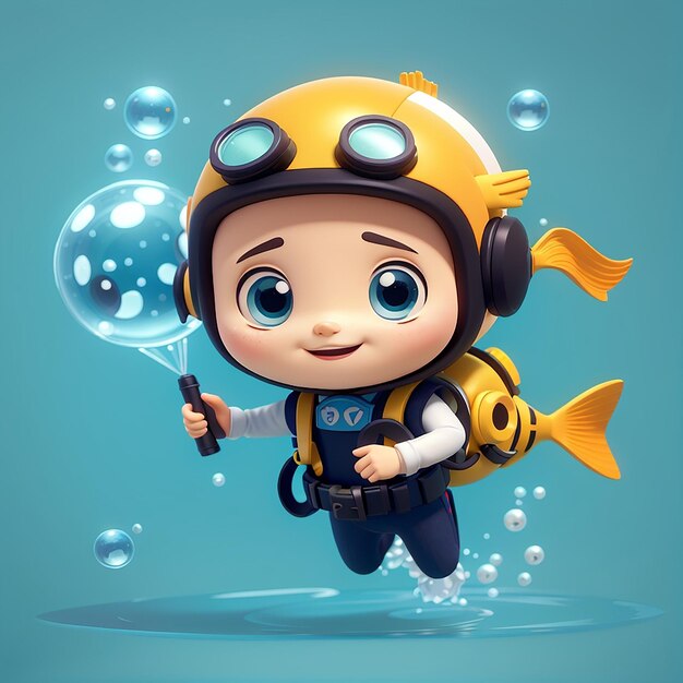 Cute Diver Playing Puffer Fish Yoyo Cartoon Vector Icon Illustration Science Sport Icon Concept Isolated Premium Vector Flat Cartoon Style