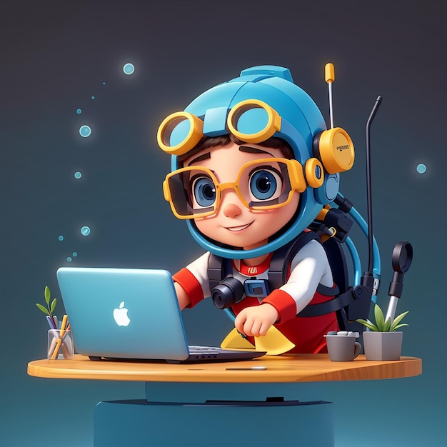 Photo cute diver working on laptop cartoon vector icon illustration science technology isolated flat