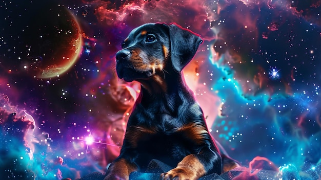 Cute Dobermann Breed Dog Puppy in a Beautiful Cosmic Starry Sky Deep Space Background