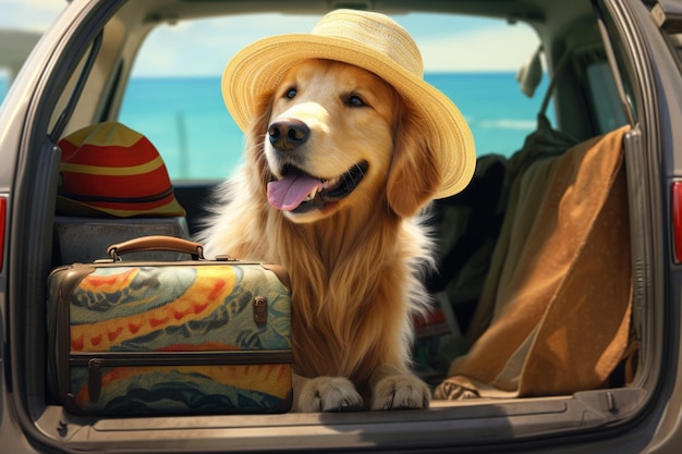 Cute dog at back of car sitting ready for travel photorealistic