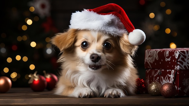 Cute dog on the background of Christmas toys with Christmas red hat Smiling dog