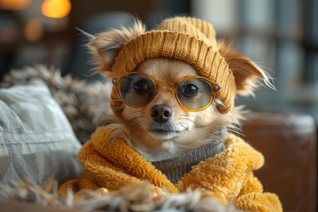 Cute Dog in a Bathrobe and Sunglasses