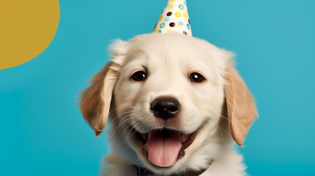 Cute dog at a birthday party wearing party hat