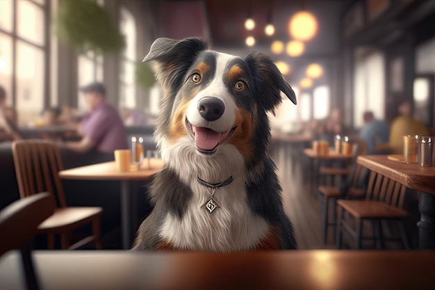 Cute dog in cafe portrait happy and funny look generative ai