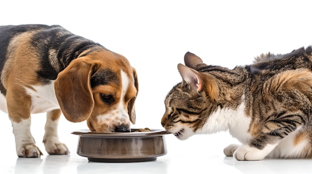 Cute dog and cat eating together from one bowl Animal friendship and bond Perfect for pet care White background pet photo AI