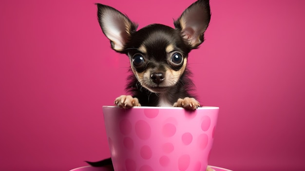 Cute dog character in a cup Cute dog on a gentle background