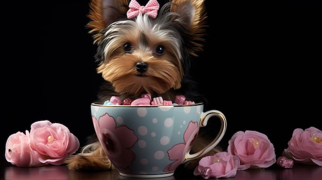 Cute dog character in a cup Cute dog on a gentle background