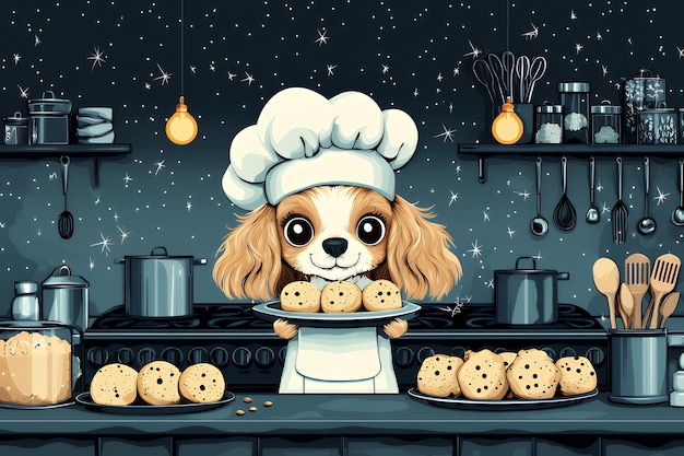 Photo cute dog chef baking cookies in a kitchen at night