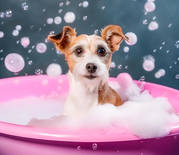 Cute dog closeup portrait in the bathroom in shampoo in a towel Grooming and dog care