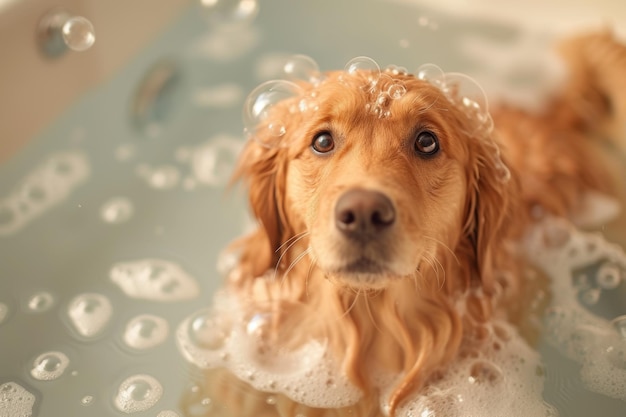 Photo cute dog covered in soap bubbles enjoys bath creating playful and heartwarming scene