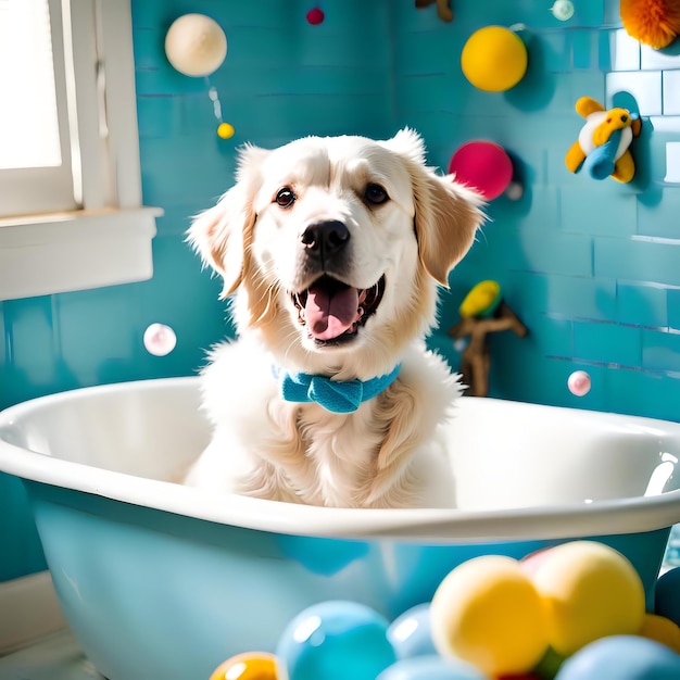 Cute dog in dogfriendly bath with blue towels