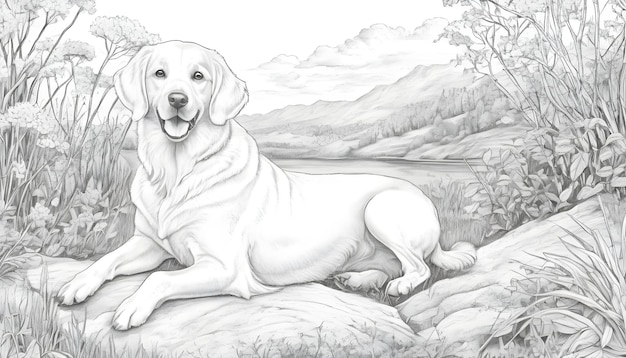 Cute dog drawing in nature ideal for coloring books