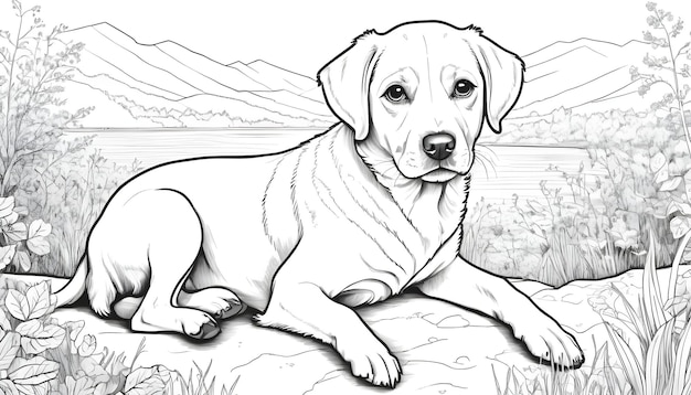 Cute dog drawing in nature ideal for coloring books