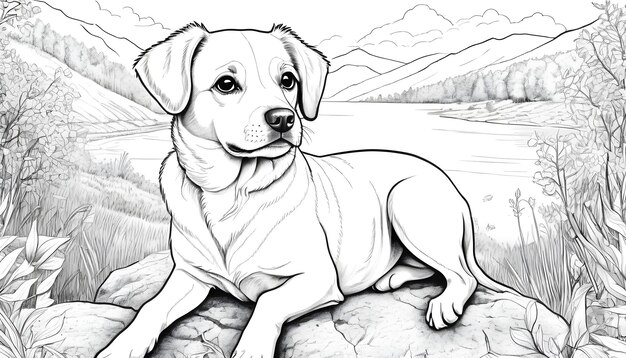 Cute dog drawing in nature ideal for coloring books