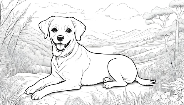 Cute dog drawing in nature ideal for coloring books