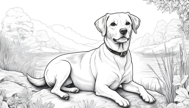 Cute dog drawing in nature ideal for coloring books