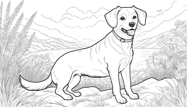 Cute dog drawing in nature ideal for coloring books