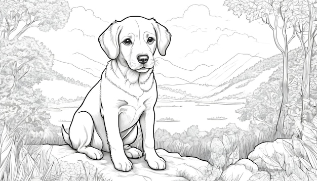 Cute dog drawing in nature ideal for coloring books