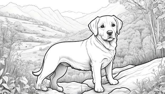 Cute dog drawing in nature ideal for coloring books