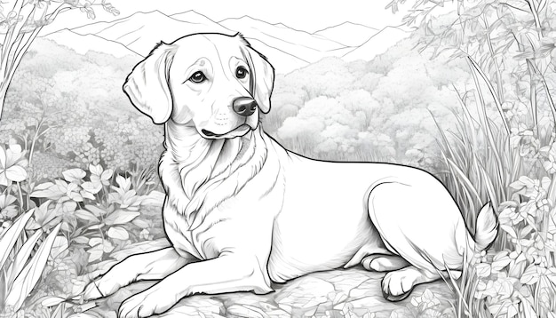 Cute dog drawing in nature ideal for coloring books