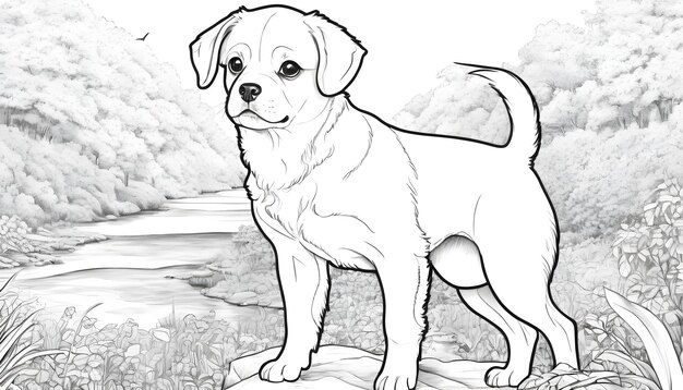 Cute dog drawing in nature ideal for coloring books