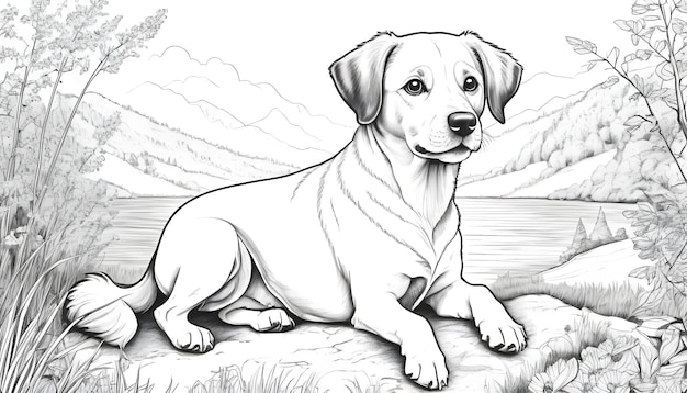 Cute dog drawing in nature ideal for coloring books