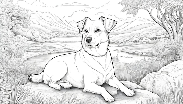 Cute dog drawing in nature ideal for coloring books