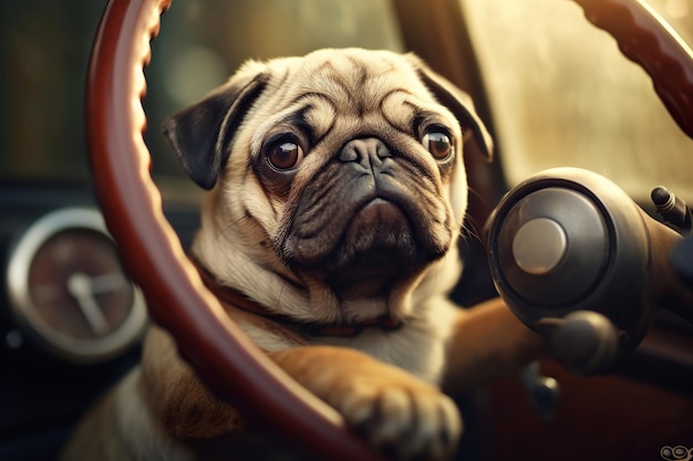 Cute dog driving a wheel in a car Generative AI