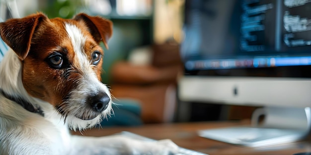 Cute dog engaged with computer screen in office AI context Concept Cute Dog Office Setting Artificial Intelligence Computer Screen Techsavvy Pet