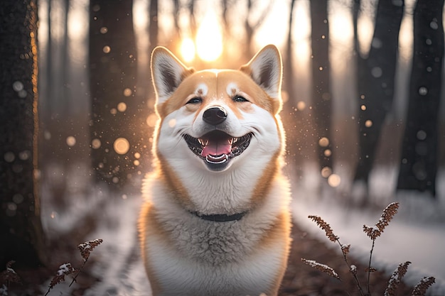 Cute dog enjoying of a snowed forest at sunset Portrait of a happy pet outside Winter season Generative AI