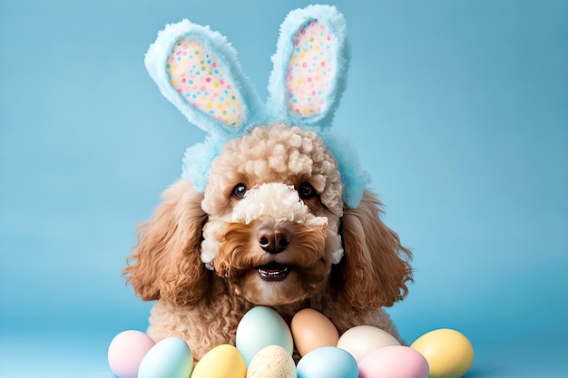 Cute dog in front of easter eggs and flowers