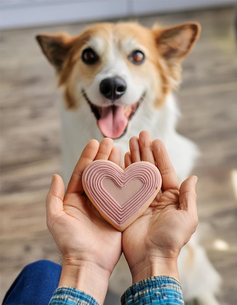 Cute dog and gingerbread heart in hand on blurred background Friendship between dog and owner